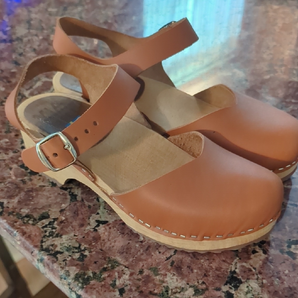 MIA Tan Leather Clog Mules with Ankle Strap